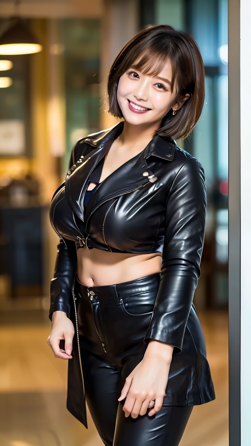 (high quality、high image quality during sick leave、masterpiece、8k、16k)、(real)、professional lighting、((angle from the front))、(standing with legs shoulder-width apart)、(View angle from the knees up:1.5)、( office worker )、20 years old、looks at the camera、((pixie cut hair))、(short cut hair)、pretty face in pink and white、big smiles、((Big Breasts:1.2))、Hermes scarf around the neck、brake、((I'm wearing a leather bra))、((and a leather long coat))、tight waist、brake、(I'm wearing brown leather skinny pants)、brake、 black leather long boots、Office of the Near Future