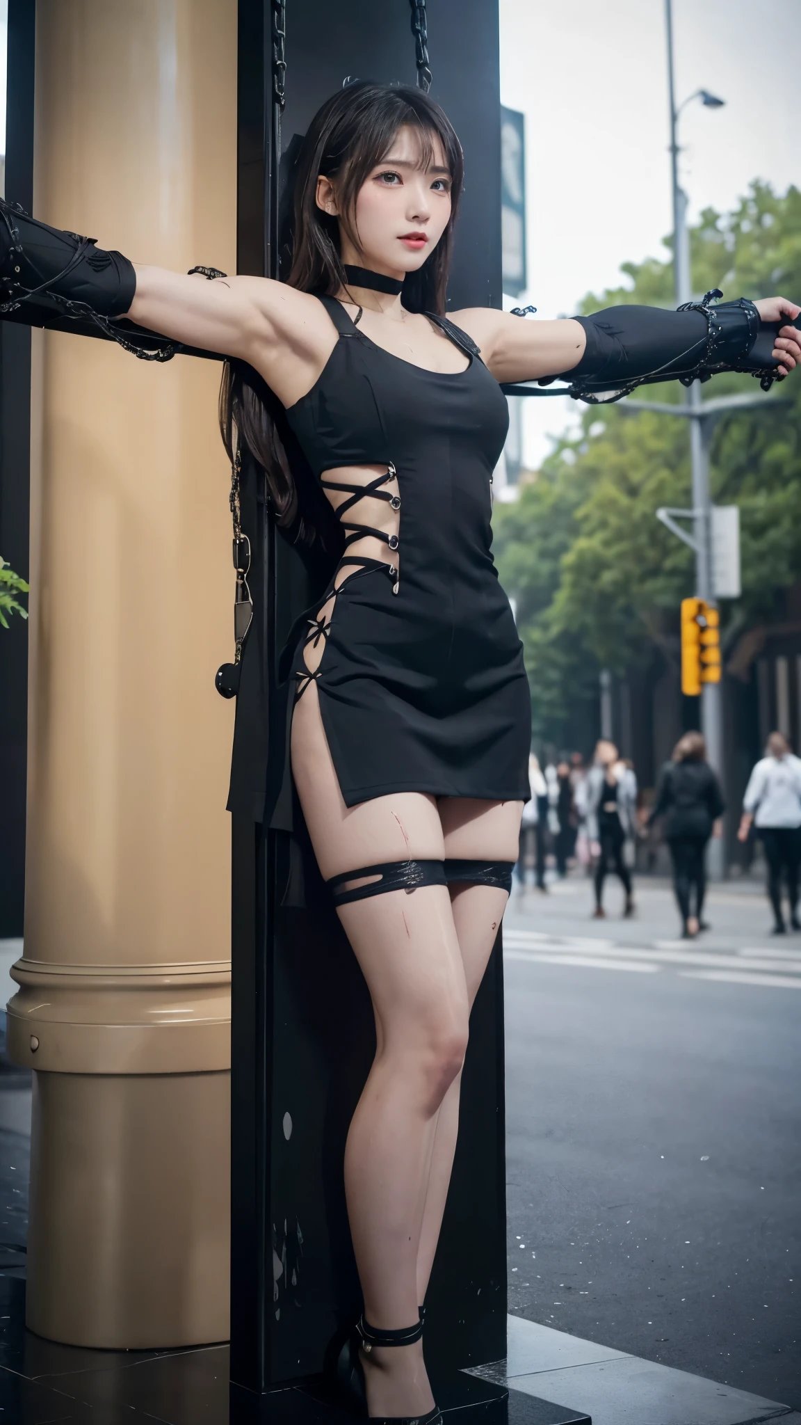 ,((Wearing a torn sheer costume of a superheroine)),(, No bra)), Wet crotch, Wet thighs, Beautiful girl with accentuated slender abs: 1.4, (((nipple tips protruding, areola is protruding, The shape of the pubic region is clearly visible)), sixpack abs: 1.4, Bust Botox, Photo, Sharpness, Unique 850 4, Koda850 k portrait camera, F1.6 shots, Ultra-realistic textures, Spectacular light textures, Cinestil 800 Fashion Mechanics, (futuristic sci-fi battle fashion: 1.1), (tied perfectly by chain), Restraint, Slaves, collars, ((wide prison with sunlight)), Dark fantasy, Realistic material details, extreme hight detail, Ultra-realistic materials ((Torn costume))), Wet, Cloudy, (Chained)), ((big emphasized by chains)), ((chains digging into crotch)), ( (Collar)), (, No bra), shredded costumes, broken golden shields and battle spears,, White combat gloves, Combat shoulder armor, Blood splattered on the face, Blood splattered, Realistic, (Bruises, Dirty, ripped clothing, skimpy clothing, Blood: 1.3), Torn Cape, Torn pantyhose, Long legs, ((iron pipe in the crotch)), Metallic shackles and fetters, ((chains hung from heaven)), Wet crotch is clearly visible, Swarovski's sword and the anatomy beneath his feet, (futuristic sci-fi battle fashion, Torn mesh stockings),The camera looks up
