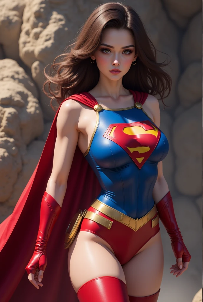 Supergirl, 27 years old, full body shot, Beautiful woman shoulder length curly light brown hair, two side up with bangs, ringlets, shoulder length curly light brown hair with bangs, two side up, ringlets, shoulder length curly light brown hair with bangs, two side up, ringlets, defined body, (large_breasts:1.5) Red lipstick, smiling slightly, hands free, standing facing camera, (( red flowing cape, red and blue sparkling leotard of Supergirl )), penthouse garden city night (curvy:1.1)