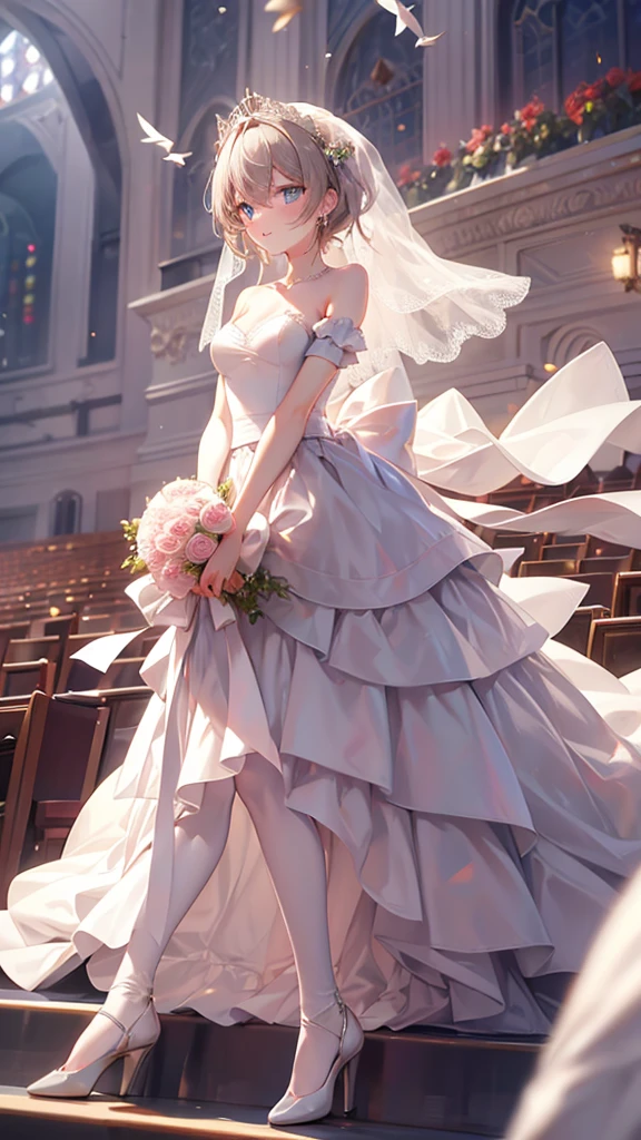 masterpiece , modern, Verism, masterpiece, super detail, best quality, 4K ,(whole body)、(upright)、Cute single women、Wedding dress,(((黒い瞳)))
