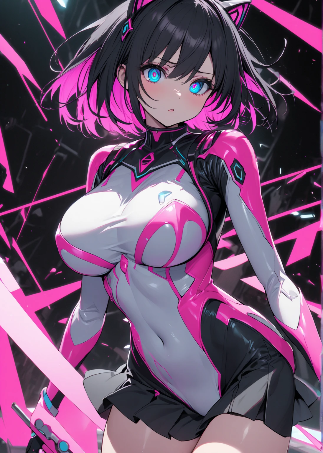 beautiful girl, smile, cyber punk, ponytail, breast enhancement, Abdominal muscles, hair ornaments, Open-chested clothing, pants, Shiny skin, Big Breasts, Cleavage, poses that show off Cleavage, sexy,