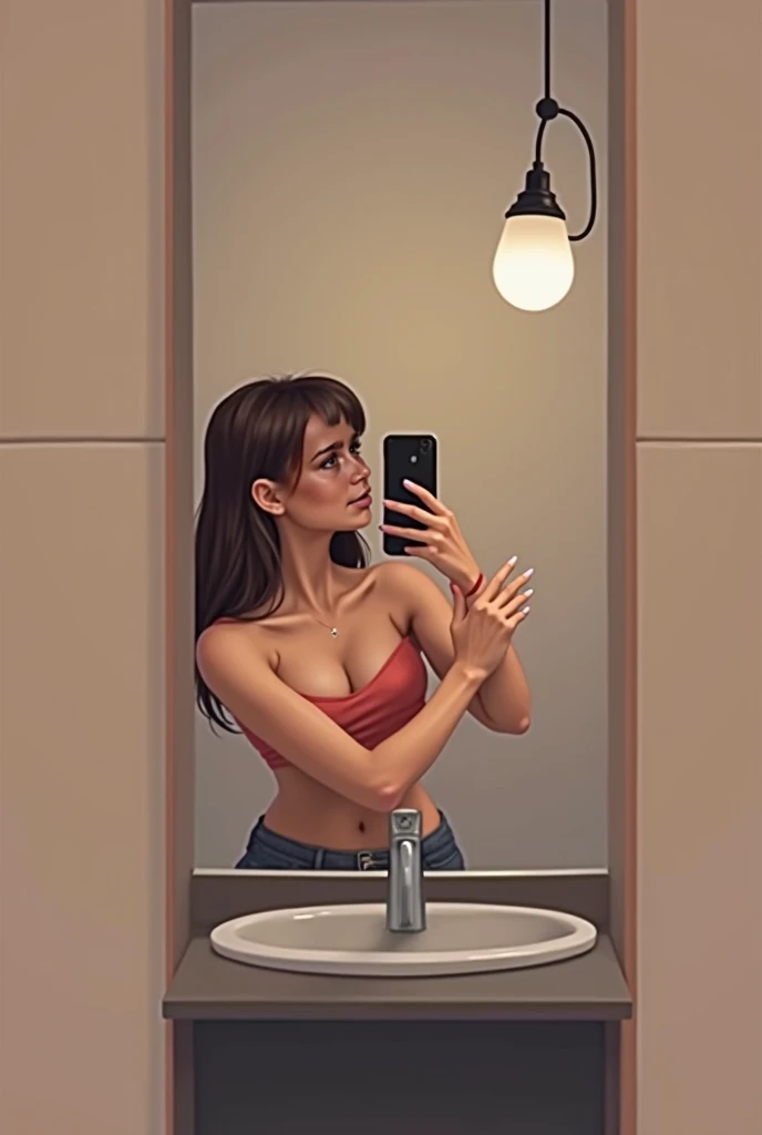 Make her very realistic with very very big breasts and wearing panties and make her clothes very tight