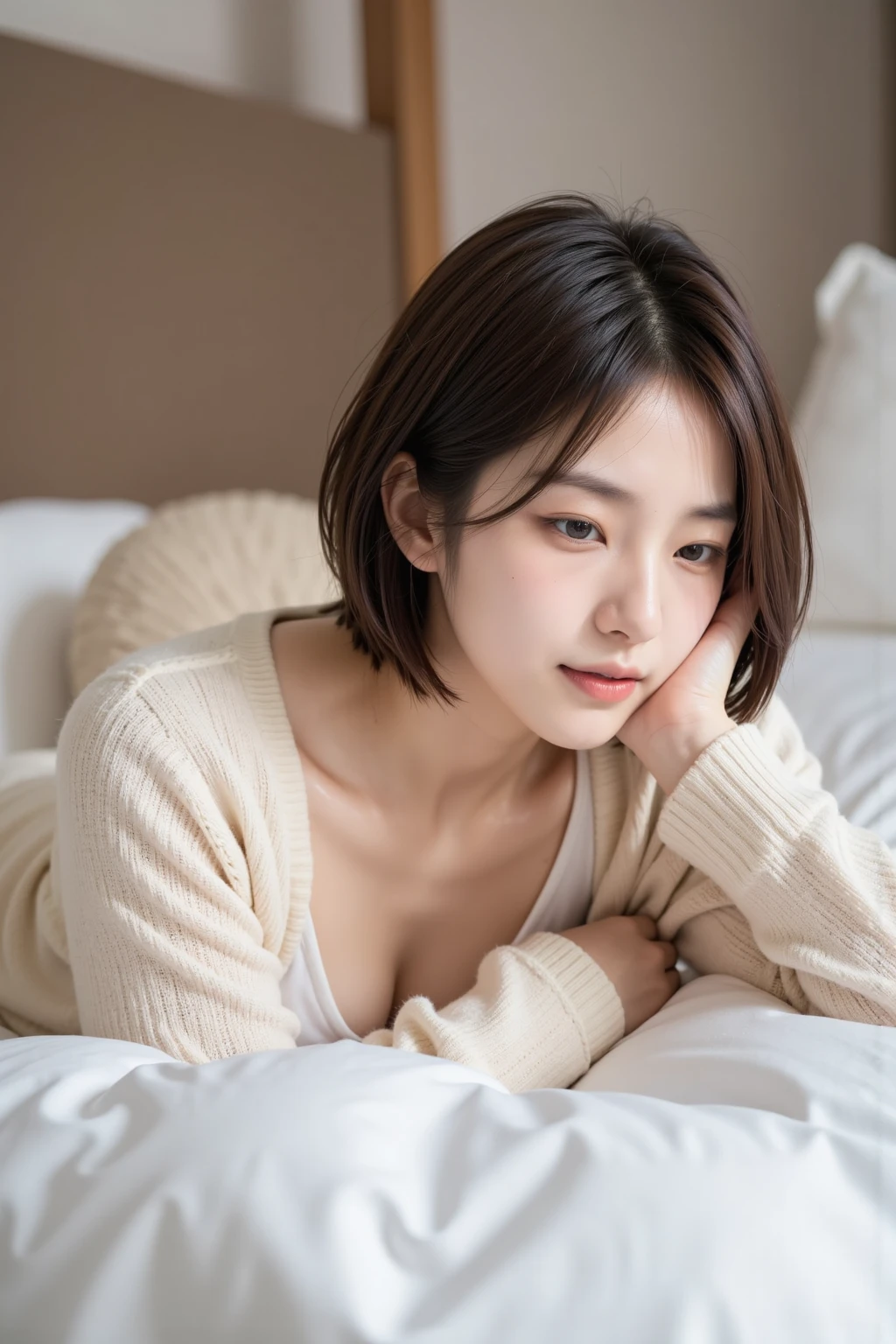 Highest quality, Face Focus, Soft Light, Ultra-high resolution, (Realistic:1.4), RAW Photos, 1 Japanese girl, alone, cute, Beautiful face in every detail, (Small box),(High resolution detail of human skin texture), (Short Hair), indoor,Sector underwear, (Portraiture)、Sleeping on the bed