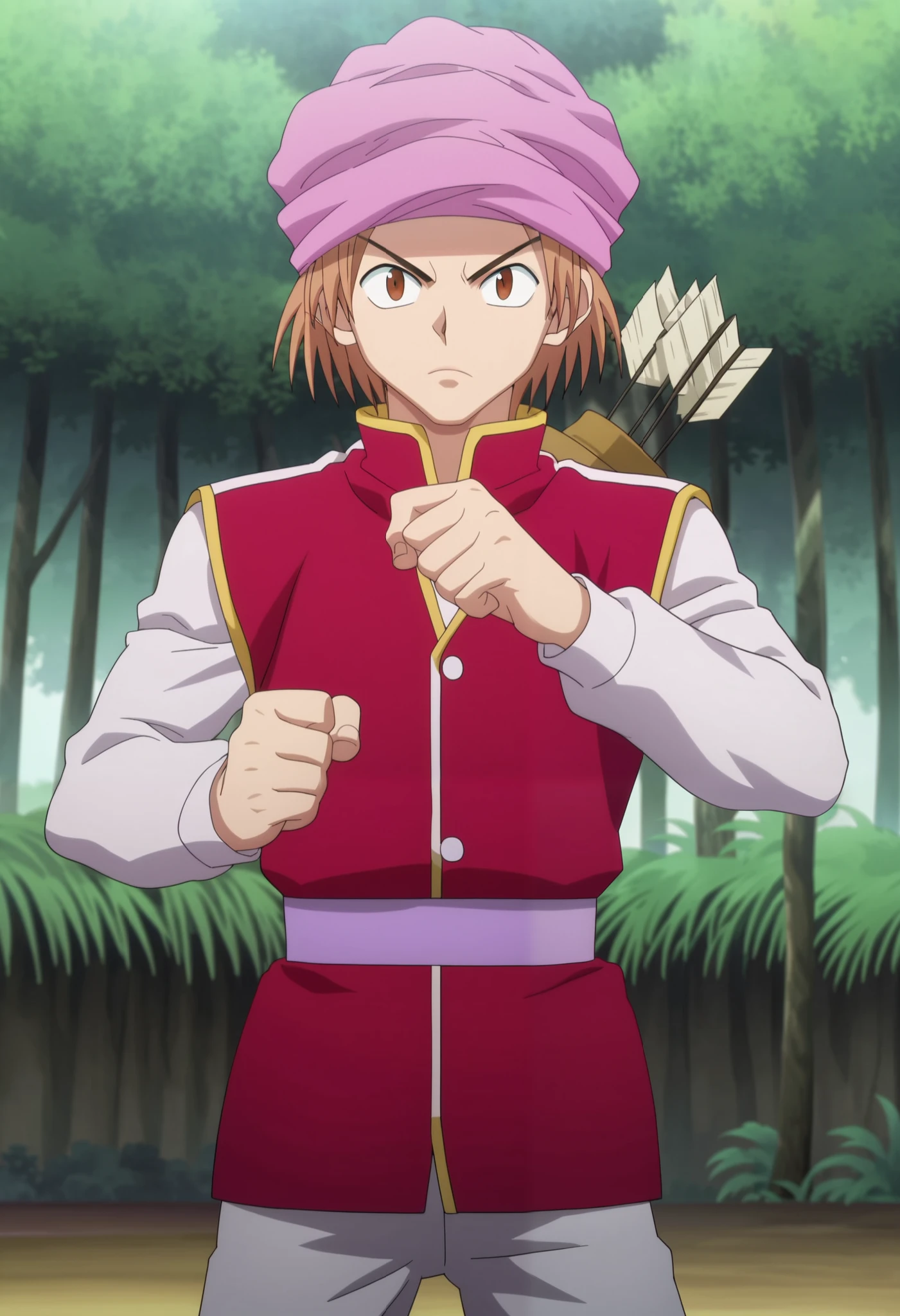 score_9, score_8_up, score_7_up, source_anime, rating_safe, intricate details, anime screencap, anime coloring, official style, looking at viewer, 1boy, solo, male focus, pokkle_hxh, brown hair, brown eyes, short hair, hat, arrow \(projectile\), concert, outdoors, forest, trees, grasses, rocks, jacket, cowboy shot, (fighting pose:1.15, battle stance:1.15), (serious face:1.1), front view,