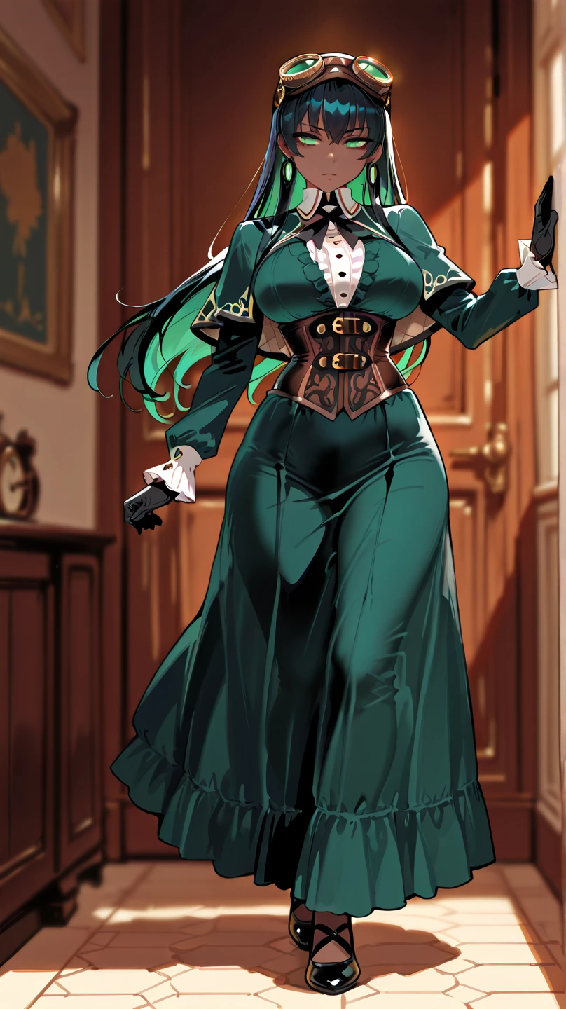 masterpiece, Best quality, supervillain poisonous flower in a dark green tight suit, young woman, arrogant, wearing an eye mask with holes for the eyes, stands in the room