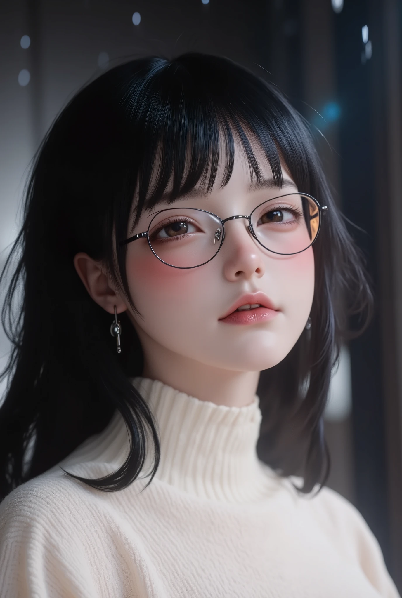 Create an image of a young female character with long, wavy black hair, wearing stylish round glasses. She has a soft, delicate face with rosy cheeks and dark eyes. The character is wearing a white sweater with a high collar. The background is slightly dim, evoking a dreamy atmosphere, with subtle hints of rain falling gently around her. The overall mood is serene and pensive, capturing the essence of elegance and modernity.