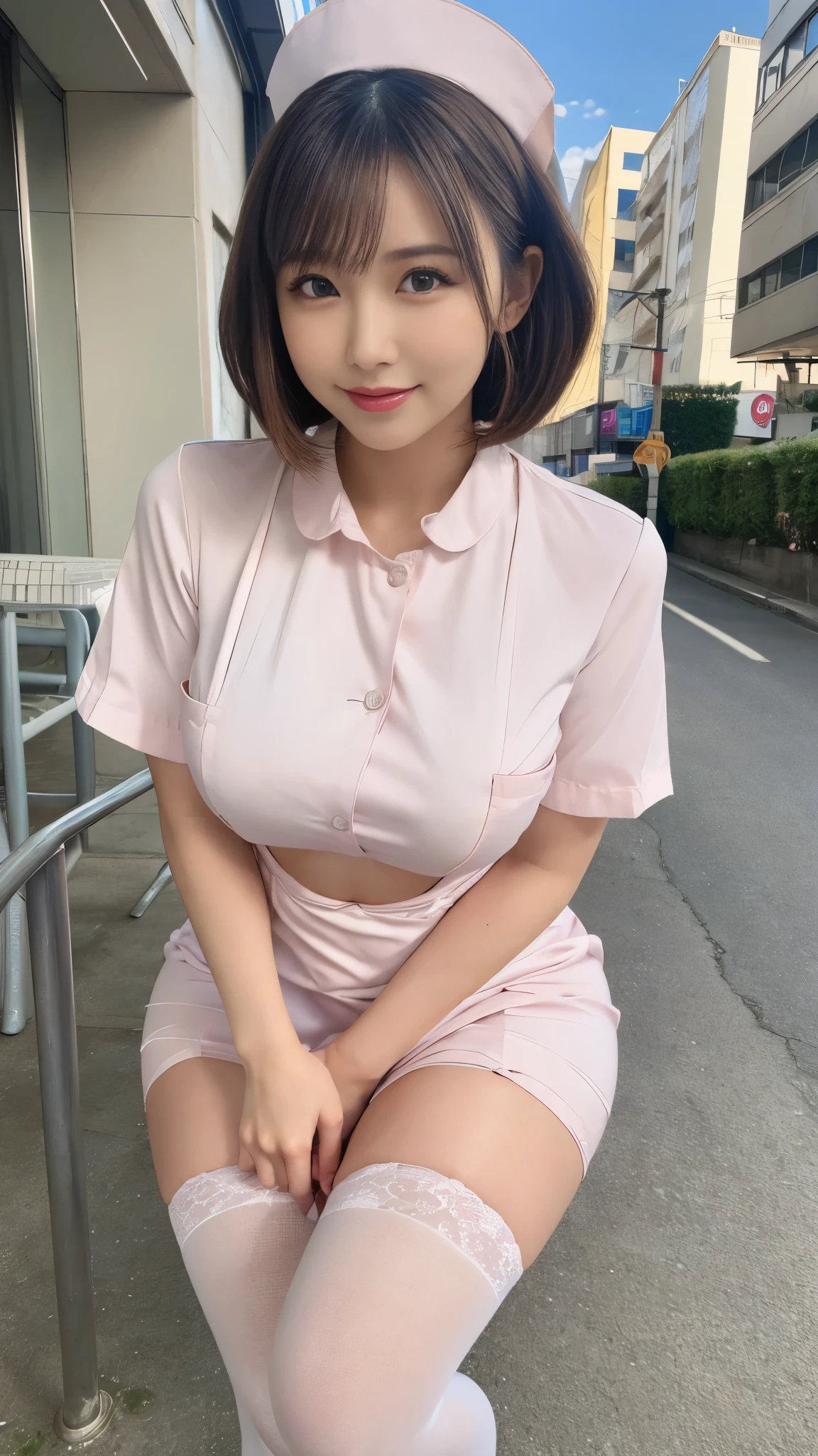 sit,Bright outdoors、Walking around the city、1 japanese girl,full smile,(Wearing white nurse clothes:1.2),(RAW Photos, highest quality), (Realistic, photo-Realistic:1.4), masterpiece, Very delicate and beautiful, Very detailed, 2k wallpaper, wonderful, finely, Very detailed CG unity 8k wallpaper, Very detailed, High resolution, Soft Light, Beautiful detailed girl, Very detailed eyes and face, Beautiful and detailed nose, finely beautiful eyes, nurse, Perfect Anatomy, Black Hair, Upstyle, nurse uniform, ((smile)), mini skirt, nurse, Pink outfit, thinl, clear, White Uniform,  Neck auscultation,Bobcut、front、open your legs