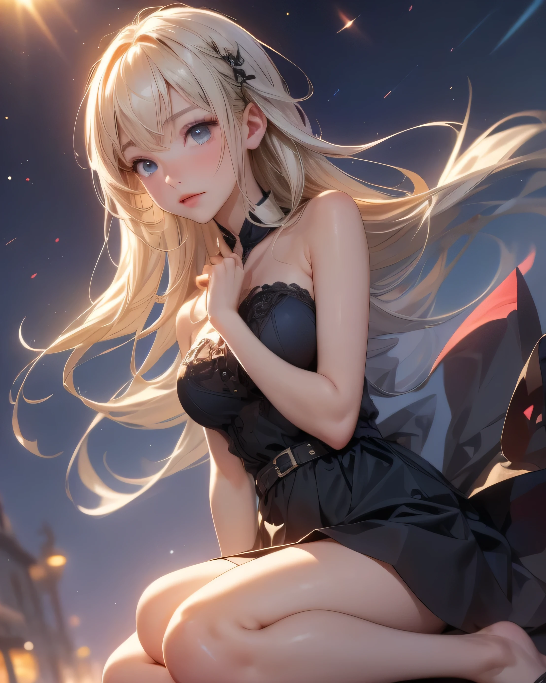 anime style、 Silver Hair、(((From of knee up)), night view, star, (((masterpiece:1.5, details:1.4)),, seated girl, seen from above、backlight, A fantastic atmosphere envelopes of ancient city as of sun sets。At of center of this magical moment is a woman、(White Hair Girl:1.5)、She of glory of hair、(backlight)shining white thread of waterfall cascades down.。Emanating a mysterious charm、Suspended particles bloom in of surrounding air、She's Beautiful、(Beautiful white shining skin:1.3) mystical brilliance 。of((A dress as black as of night sky))It is beautiful decorated、 and exposed shoulders make a feminine impression.
High Resolution, masterpiece, has won many awards, top quality, Details, High details,High details, Ultra High Definition, Very details,