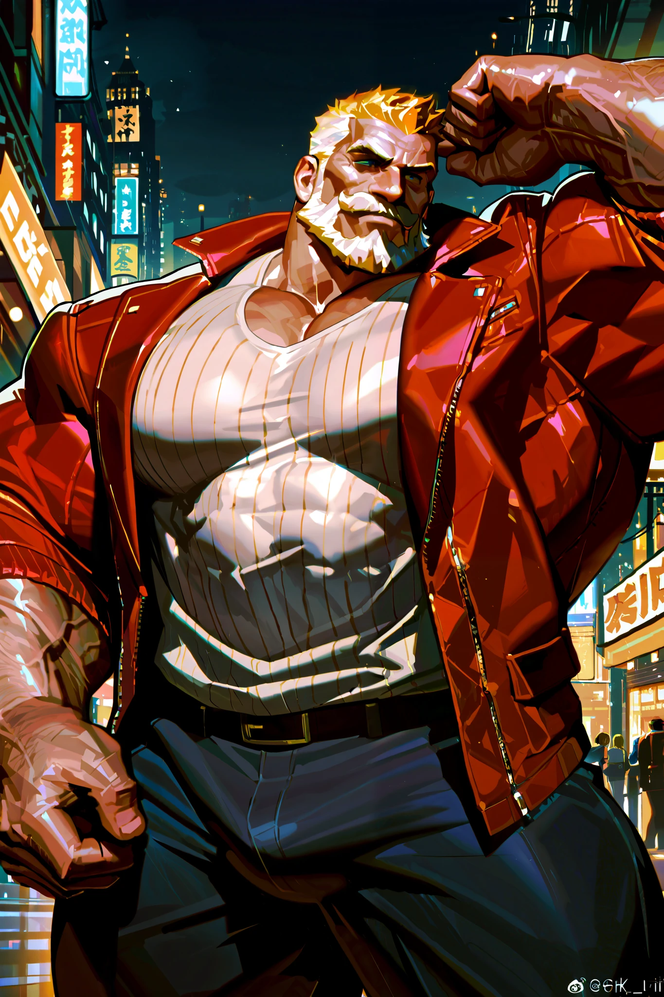 sexy mature daddy, tanned-skin, big bulge, darker skin, stubble, muscular, best quality, masterpiece, super high resolution, detailed background, realism, illustrations, single, 1 boy, torii, muscle, volumetric lighting, depth of field, facial hair, ryu, white clothes, black belt, light particles, massive bulge, starry sky, martial artist, sweating, short hair, perfect eyes, bare feet
