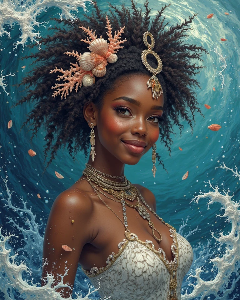 (THE MOST BEAUTIFUL AFRICAN EGYPTIAN DARK SKIN GIRL IN THE WORLD),(EGYPTIAN GIRL), (AGE 14 YO), (LARGE BREASTS CAN NOT BE VIEWED BY VIEWER), (SEPARATED CLEAVAGE),(CUTE SMILE LIPS PARTIALLY OPEN SEE TEETH), (PIERCING BEAUTIFUL BLUE VIBRANT EYES),(YELLOW EYES), A model, hyper realistic faces, goddess, she is wearing a beautiful long flowing vivid GOLD dress made entirely of GOLD Sea urchins and anemone tentacles,(VIEW FROM WAIST UP), (VIEW FROM WAIST UP,),(WAIST UP), (EXTREMELY LONG FLOWING BLACK HAIR),highly detailed portrait photography with depth of field, full body swirling ink ink art ral-exposure, subsurface scattering, Photorealistic, Hyperrealistic, analog style, realistic, film photography, soft lighting, heavy shadow