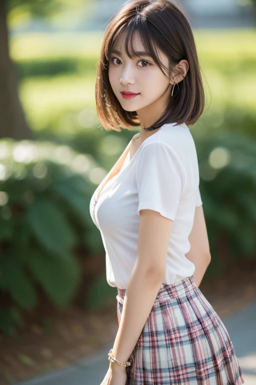 NSFW, 8K RAW photo, highest quality, masterpiece, ultra high resolution, film grain, movie, 1 girl, looking at the viewer, natural skin texture, Realistic eye and face details, full lips, lipstick, (compensate), red eyeshadow, Fluffy shorthair, messy hair, smile, close your mouth, beautiful foot, tall woman, skinny, slim_foot, alone, small breasts, cleavage, pose with your butt facing yourself, super short skirt, teeth, shirt, beautiful natural location, Around the flower place, (detailed background), Plaid skirt, white shirt, small breasts, small ass, cleavage, Show a little cleavage through the shirt, loafers, blurry background, blurry, holding, Plaid, short sleeve, JK ribbon on the neck, JK ribbon, brown hair, bracelet, water, bangs, school uniform, jewelry, parted lips, lips, From the side, pleated skirt, Depth of bounds written