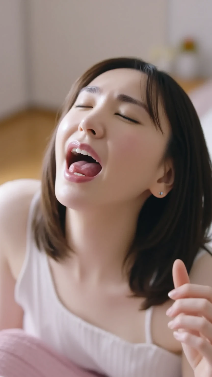 A woman who tilts her head back and raises her chin and orgasms, (Ecstatic state:1.3), (ecstatic expression:1.3), opening her mouth slightly and sticking out her tongue just a little bit, I have my eyes closed, (Climax state:1.3), sex, (Orgasmic facial expression:1.3), shot from above, bedroom, Ultra High Definition, Ultra High Resolution, masterpiece, (saliva is dripping from the mouth:1.3), 