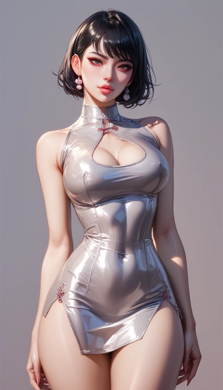 ((japanese idol)) 40 years old Blonde short hair with bangs ((smoky makeup black eyeshadow)) plump cheeks ((Bright red rouge plump lips)) big breasts Big eyes Cyberpunk Bar ((Super shiny metallic red long cheongsam dress)) fat body masterpiece 8K Drawn from below ((A mature woman with a lustrous and vulgar body)) ((shining, Glowing, radiant face and skin)) ((Glittering armpits)) ecstasy orgasm Shiny face