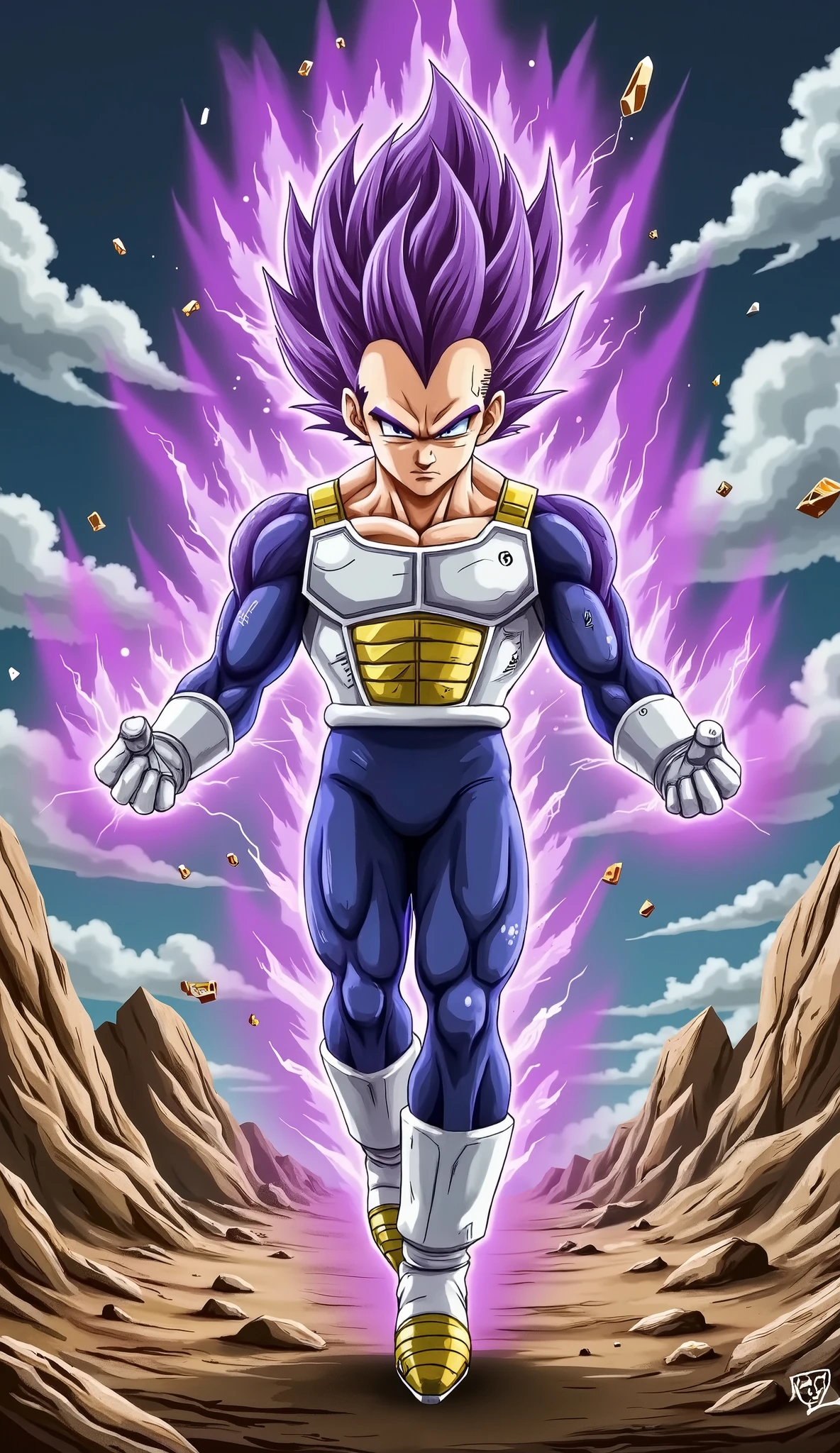 "Handsome Majin Vegeta walks. His muscular body is covered by a blue combat bodysuit. Furious sharp eyes. Erect purple hair, surrounded by a deep purple airflow with intense lightning flashes. Flying debris hovering around showing his overwhelming strength. Behind is wasteland with rocks and dramatic skies, drawn in Dragon Ball Z anime watercolor style in extreme detail, inspired by Dragon Ball Z. dynamic lighting , high contrast, epic action scene."