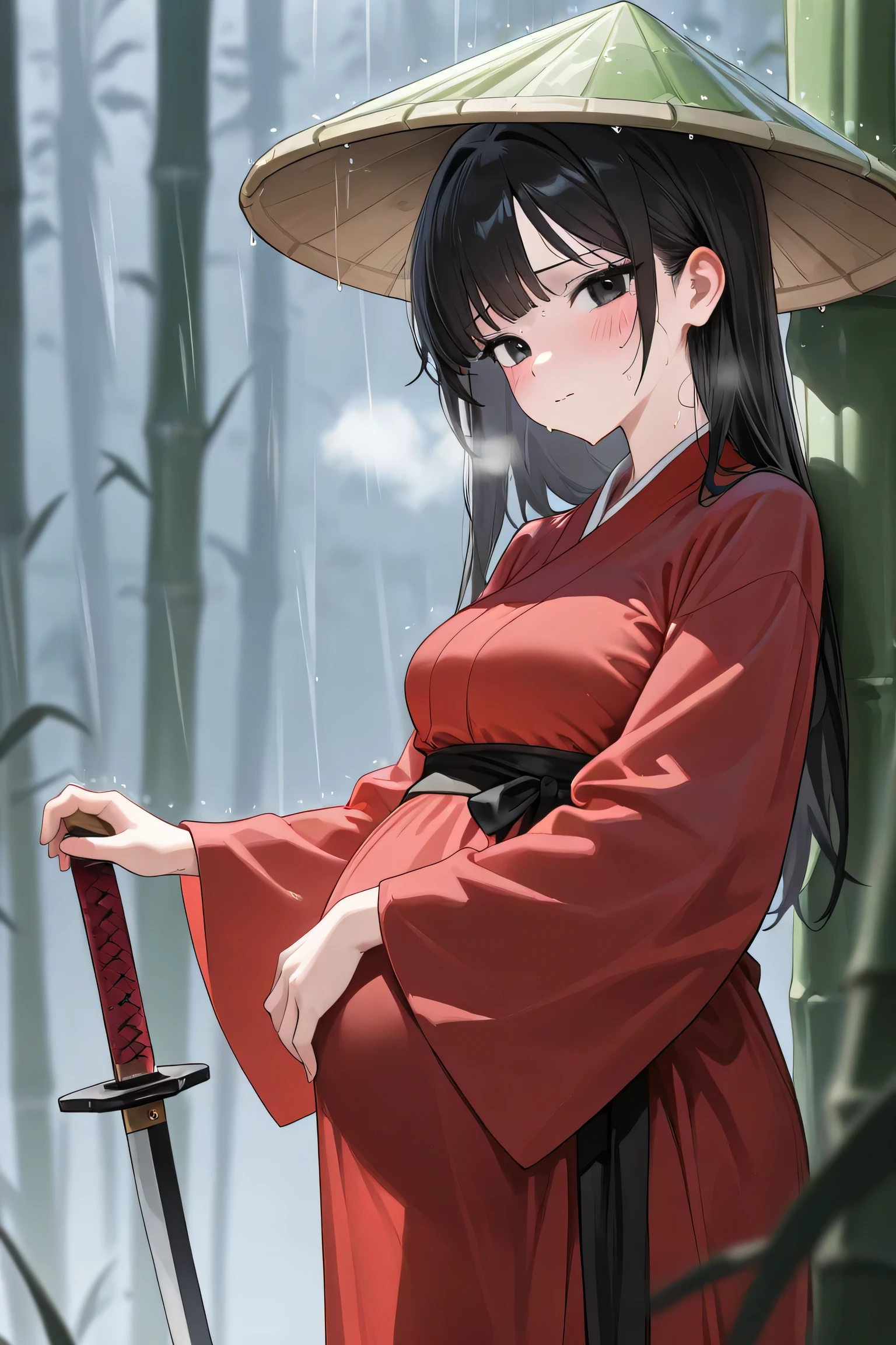 (Best quality, 4k, 8k, high resolution, masterpiece:1.2), ultra detailed, intricate details, beautiful girl, alone, long black hair, bangs, black eyes, medium breasts, perfect smooth skin, looking at viewer, head tilted, traditional Asian clothing, red hanfu with black accents, wide sleeves, black sash around waist, slightly nervous expression, (blush:1.1), (Pregnant:1.0), at forest on big stone, standing, sweating, heavy breathing, bamboo hat, (raining:1.0), hat Hover hair, hands holding Chinese sword in sword sheath, 1 sword