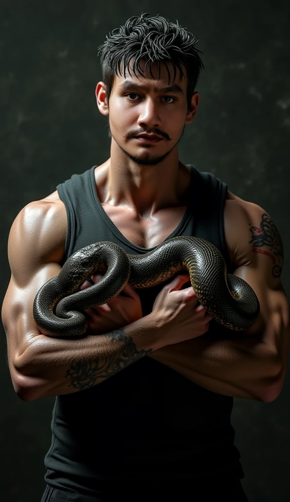 image of a handsome man sickpack with a snake around his neck on a black background
