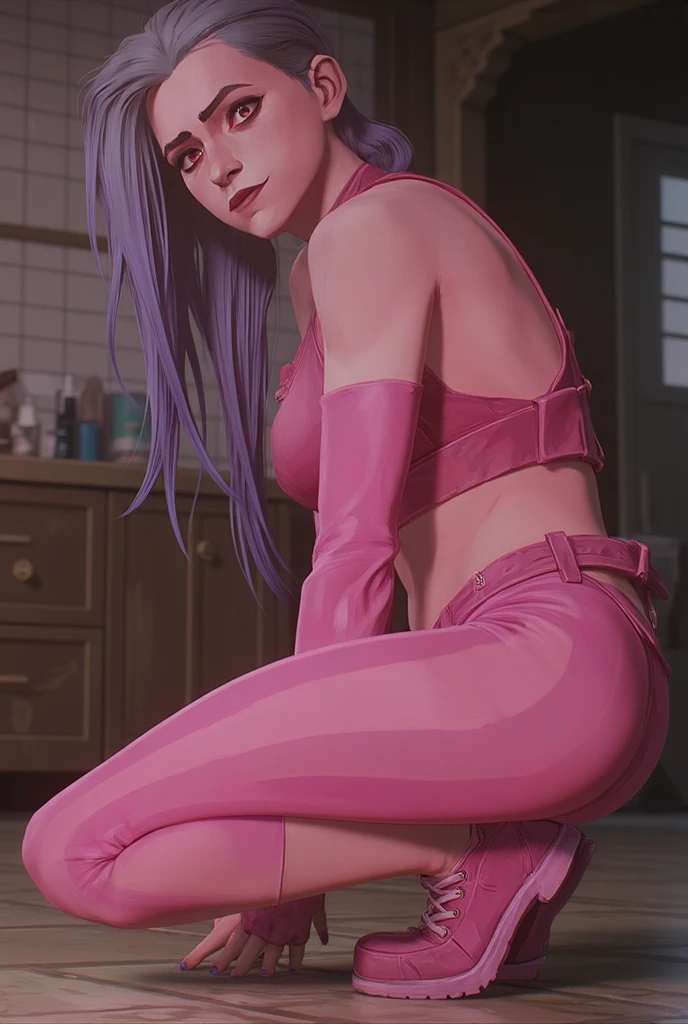 girl with pink hair and purple pants sitting at a table, view from behind, bowing, Lying with your legs open, character is in his natural pose, cauda grossa, dominant pose, shapely backside, cell shadow adult animation,((Expand porn))