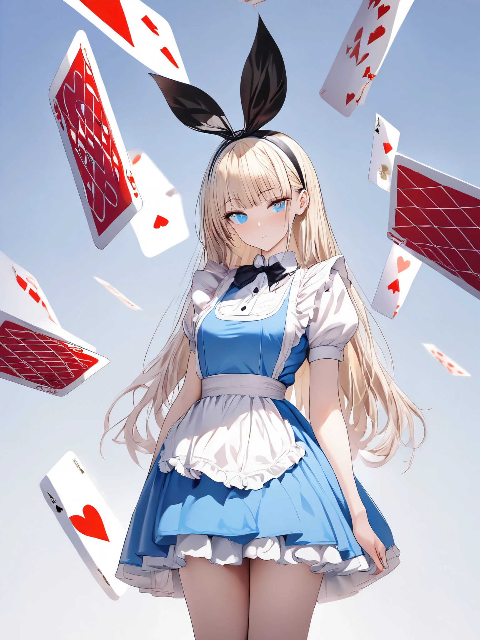 masterpiece,best quality,highres, ultra-detailed, solo, 1girl,  AliceWonderlandWaifu, dress, large breast, in worderland,
have a playing cards, flying playing cards, ahegao, head back