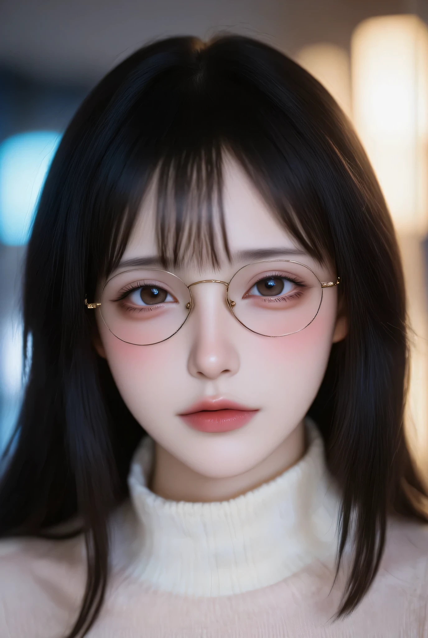 Create an image of a young female character with long, wavy black hair, wearing stylish round glasses. She has a soft, delicate face with rosy cheeks and dark eyes. The character is wearing a white sweater with a high collar. The background is slightly dim, evoking a dreamy atmosphere. The overall mood is serene and pensive, capturing the essence of elegance and modernity.
