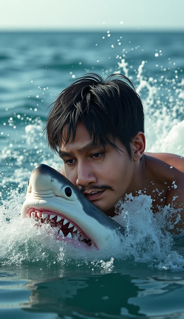 A handsome 30-year-old Indonesian man with layered hair, wearing a white singlet and black shorts, is playing with a large shark in the middle of the sea. The background is rainy.