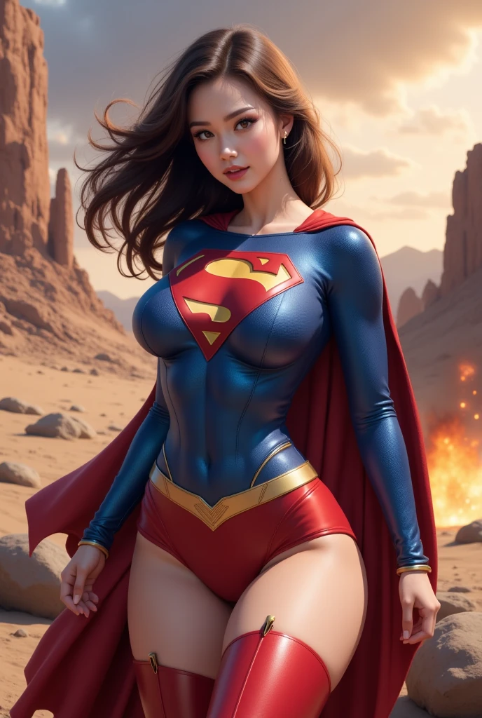 superwoman, Young woman dressed in tights, Short bob style hair, Tight suit in blue and red tones with the iconic symbol "S" superman on the chest.
- suit that covers the entire body enhancing female anatomy, standing, with a firm and confident posture, big hips, big buttocks, small waist, big chest, flying over a city with a determined look.
- In a dynamic pose, ready for action, with one arm extended and the other flexed.
- Determined and confident look, transmitting both power and compassion.
- A soft but confident smile can add warmth and bring the character closer.
- A cosmic scene with planets and stars, showing your connection to the universe.
- A post-battle landscape with destroyed elements, highlighting her role as protector.
- Soft, warm light that highlights the textures and details of the suit.
- Shadows that accentuate the muscles and figure, creating a dramatic contrast.
- Light effects that suggest energy and power emanating from the character.
- Hair blowing in the wind, adding dynamism.
- Visual effects such as flashes of light or auras that enhance your power.
- Add moving elements, like hair, to give life and energy to the image.