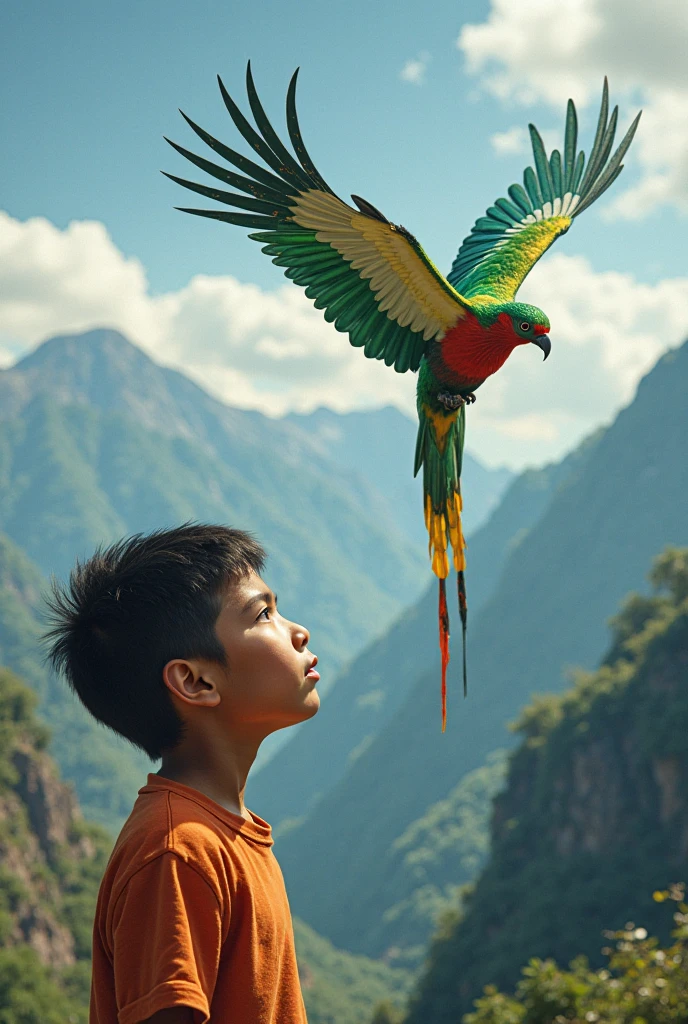 A boy flying with bird, parrots, peacocks, and other bords, brilliant collour, super details, rich colours