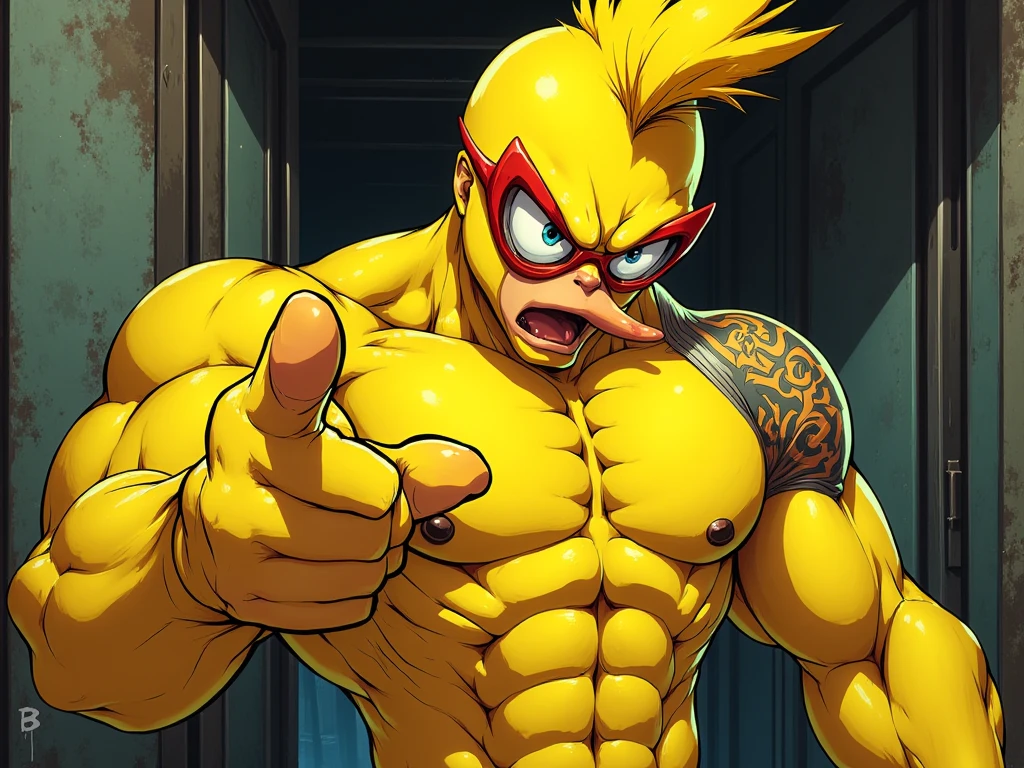 there is a cartoon of a (((swole torchic))) with a yellow mohawk and a yellow shirt, blazing infero, goro, buff man, dio brando, goron brute, goro from mortal kombat, furio tedesschi, cocky smirk, fujita goro!, manly monster tough guy, muscular character, super sayan, joe biden as a jojo character