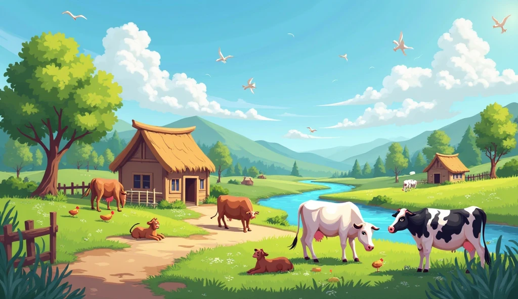 Create a 2D cartoon-style image of a peaceful village scene - SeaArt AI