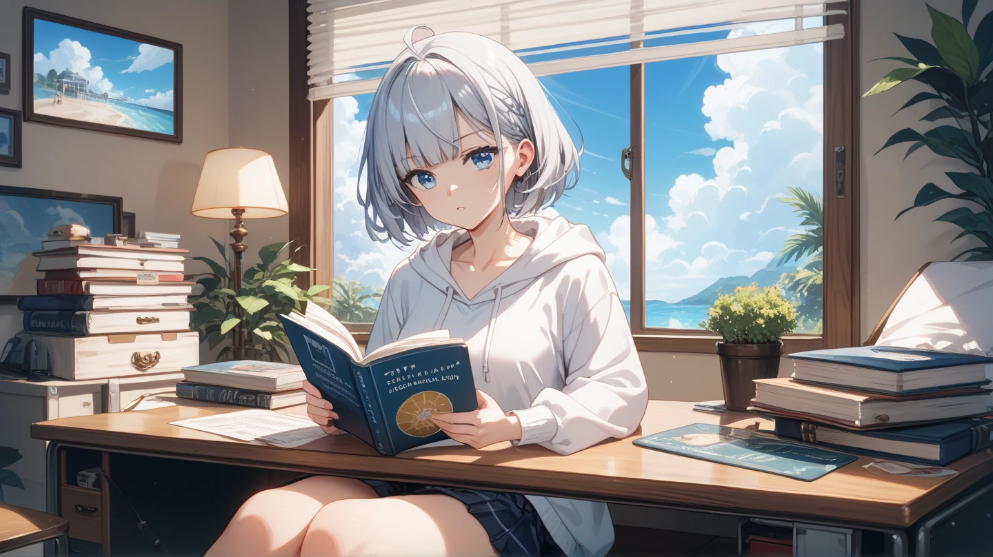 Girl sitting on sofa reading a book,In front of a large window,Morning sunlight,Streetscape