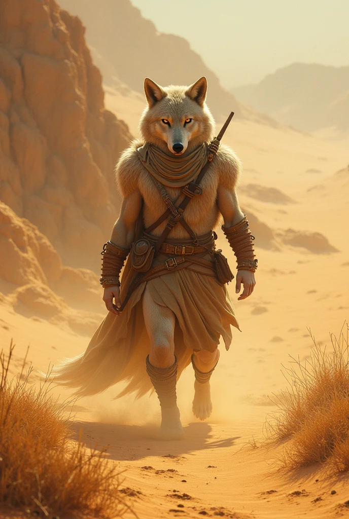 Alexander, Male, 6'6" tall, 28 years old, sharp claws on hands, sharp teeth, short white hair, sharp jawline, has sand cat tail and ears, has a huge scar on his back, yellow eyes, wears black desert prince vest mishu and black cotton linen pants, has a human head with sand cat ears on top, realistic