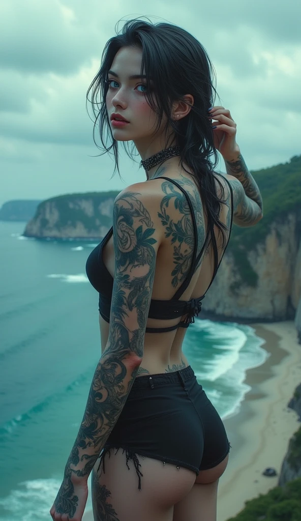 woman bodybuilder from the back, very long bright BLUE babe hair, (tattoo in back text:Diegão) detailed, high definition, 8k, defined back, tattoo , defined triceps, defined trapeze, leather gloves, realism! Realism! Beach! Perfil face