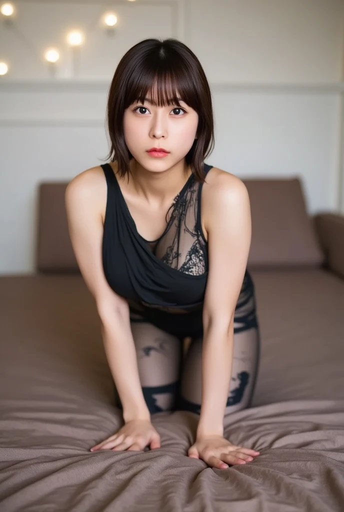 (Smoother lighting:1.05),masterpiece, Highest quality, 16K ,nude、Above the knees shot、Small Boobs、Pantyhose、boldly open your legs、24 year old Japanese woman、One person、Old Japanese house、Lying in bed、Professional Lighting、Wearing black pantyhose、Hide your fingers, High resolution, Small 、(Improvement of quality:1.4), (Enhances the beauty of skin texture:1.1)