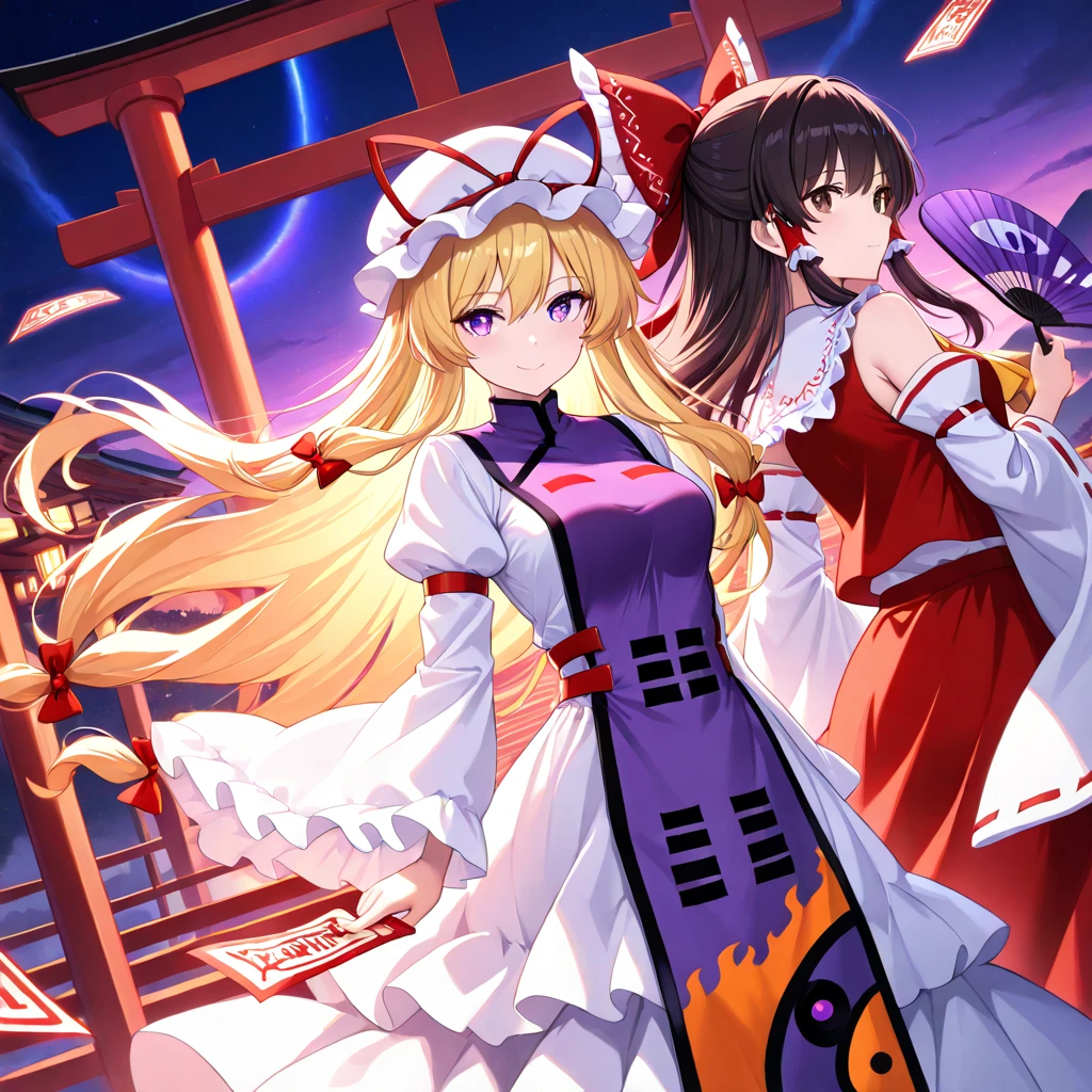 (masterpiece, best quality), (absurdres absolutely resolution), (8k), (detailed eyes:1.3), (beautiful eyes:1.3), (detailed illustration), (super fine illustration), (vibrant colors), (professional lighting), 8k, high res, (nice hands, perfect hands), 2 girls, pair, hakurei reimu, black hair, long hair, brown eyes, hair red bow, hair red tube, red tops, yellow ascot, white collar, white detachable sleeves, red skirt, holding a ofuda in one hand, open other hand and extend arm to the viewer, looking at viewer, look front, BREAK Yakumo Yukari, white mob cap, blond hair, long hair, purple eyes, smile, closed mouth, hair ribbon, elbow gloves, purple dress, puffy sleeves, wide sleeves, ribbon choker, white dress, white skirt, purple tabard, (holding a purple fan), standing on the right side as viewed from the viewer, look away, look at the person next door, BREAK night, night sky, a back moon, a back red torii, (bills made of rainbow-colored ofuda in the air are lined up and surround the girls:1), a little bamboo grove in the back, score_9, score_8_up, score_7_up, source_anime, luminous reflections, flying little glowing gold feather, from front, cowboy shot, dutch angle, HDR-like contrast, vibrant color palette, glowing lights, vibrant reflections, surreal lighting, HDR effect, cinematic vividness, intensely saturated lighting effects, 4k, 8k, Ultra HD, Masterpiece :1.2, Best quality :1.2, Detailed :1.5, Detailed background :1.5, light, shine colorful,