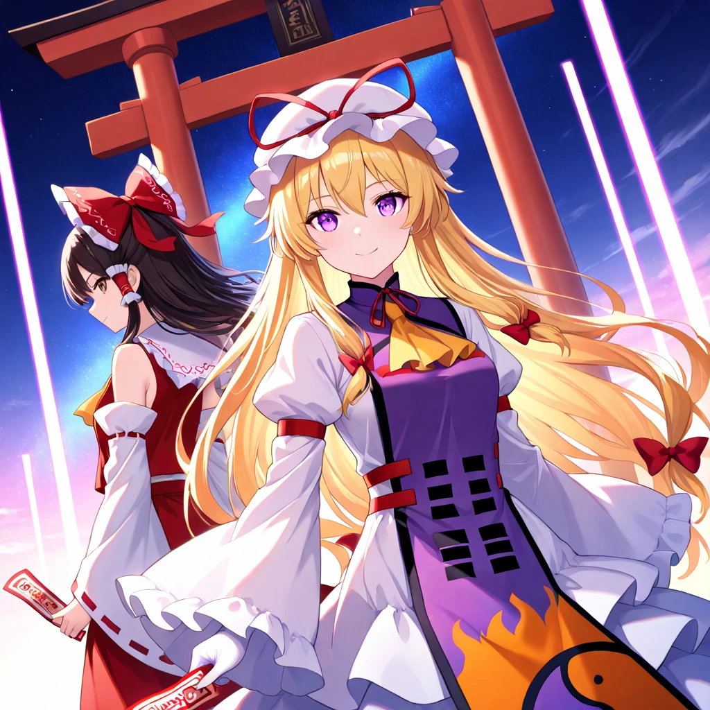 (masterpiece, best quality), (absurdres absolutely resolution), (8k), (detailed eyes:1.3), (beautiful eyes:1.3), (detailed illustration), (super fine illustration), (vibrant colors), (professional lighting), 8k, high res, (nice hands, perfect hands), 2 girls, pair, hakurei reimu, black hair, long hair, brown eyes, hair red bow, hair red tube, red tops, yellow ascot, white collar, white detachable sleeves, red skirt, holding a ofuda in one hand, open other hand and extend arm to the viewer, looking at viewer, look front, BREAK Yakumo Yukari, white mob cap, blond hair, long hair, purple eyes, smile, closed mouth, hair ribbon, elbow gloves, purple dress, puffy sleeves, wide sleeves, ribbon choker, white dress, white skirt, purple tabard, (holding a purple fan), standing on the right side as viewed from the viewer, look away, look at the person next door, BREAK night, night sky, a back moon, a back red torii, (bills made of rainbow-colored ofuda in the air are lined up and surround the girls:1), a little bamboo grove in the back, score_9, score_8_up, score_7_up, source_anime, luminous reflections, flying little glowing gold feather, from front, cowboy shot, dutch angle, HDR-like contrast, vibrant color palette, glowing lights, vibrant reflections, surreal lighting, HDR effect, cinematic vividness, intensely saturated lighting effects, 4k, 8k, Ultra HD, Masterpiece :1.2, Best quality :1.2, Detailed :1.5, Detailed background :1.5, light, shine colorful,