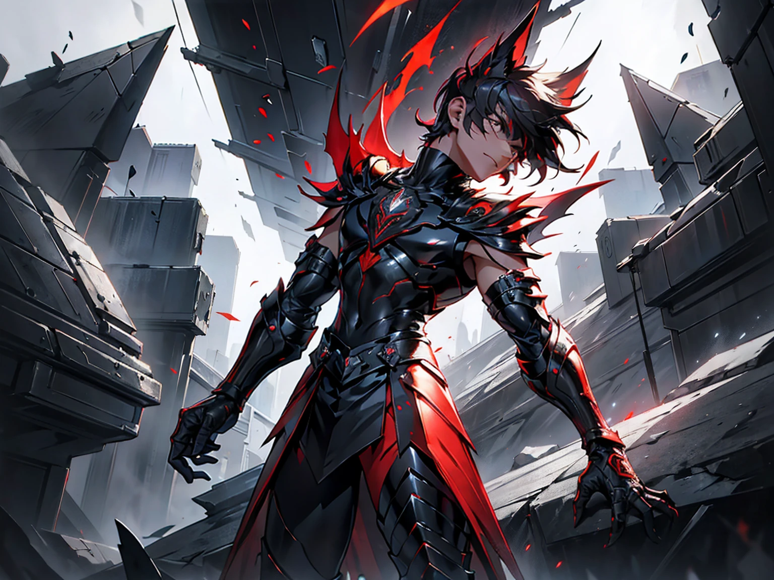 solo male, dark armor, spikes, red eyes, fantasy