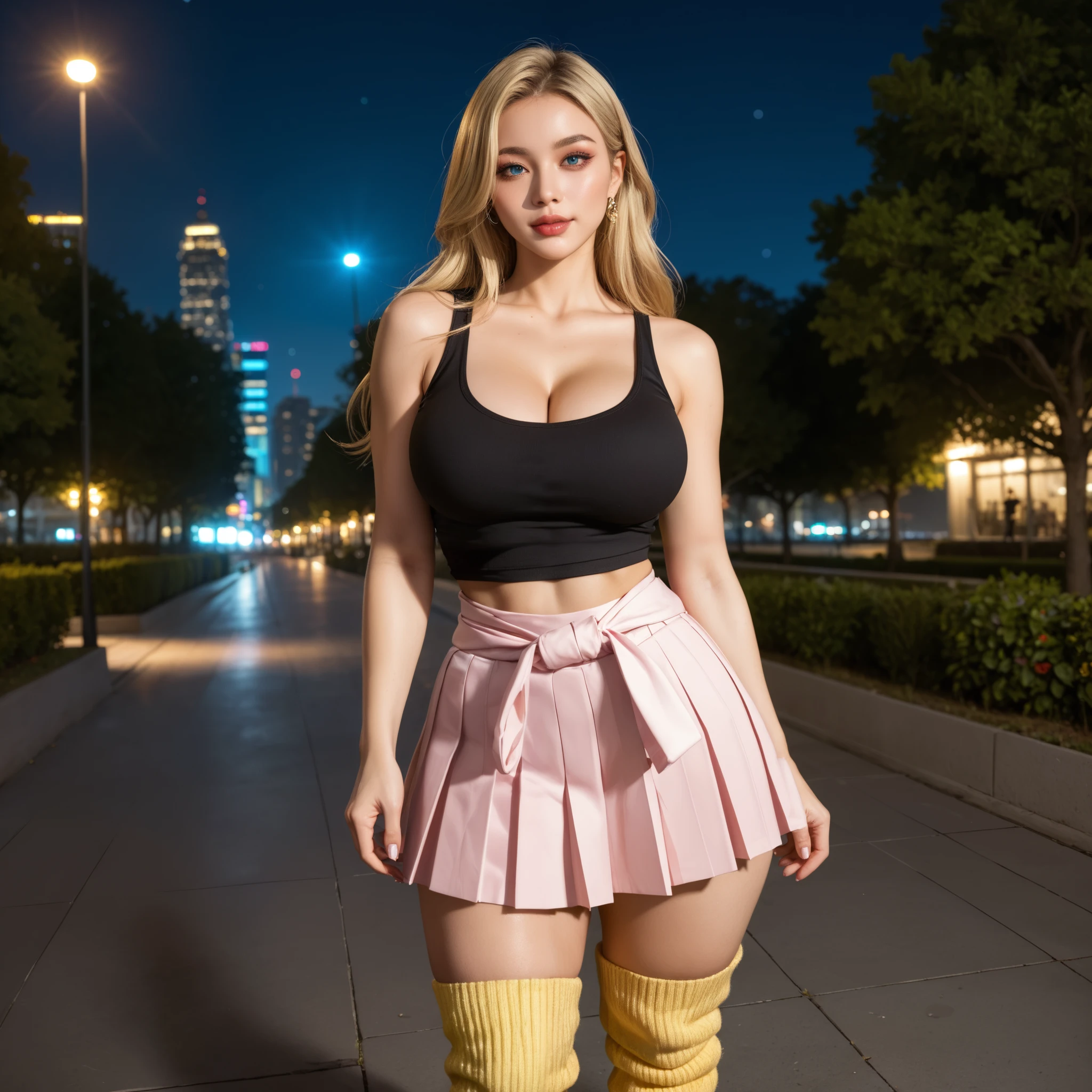 (best quality, 8k, highres, photorealistic:2.0), (solo, one girl:2.0),(lighting:front),(lighting: strong),(Photographed in the downtown area:2.0),(Chubby body girl:2.0),(shiny skin:1.5),(oily skin:1.5),(platinum blonde hair color:1.5),(straight Super long hair:1.5),(ultimate beautiful girl),(cool beauty girl:1.5),(fat body girl),(very elegant woman:1.3),(navel is visible),(abdomen is visible),(waist is visible),Blush brown makeup , dark eye makeup ,pink lipstick,(big beady eyes girl:1.3),(intense sex appeal:1.5),(expensive necklace:1.5),(Wearing a tight tank top as an inner layer:1.5),(prostitute girl:1.5),(amazing orgasm),(her body is amazingly curvaceous),(She makes a sexy bold pose),(big ass girl:1.5),(Wearing a tight skirt:1.5),(carnal women:1.5),(braless girl),(pantiesless girl)