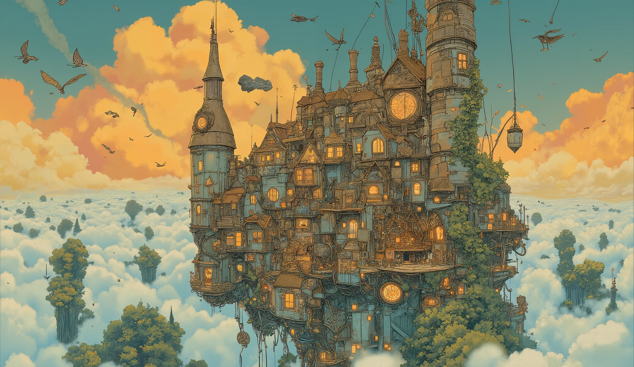 Studio Ghibli-inspired illustration, (soft painterly textures:1.2), (dreamy and warm color palette:1.3), hand-drawn fantasy city, cozy atmosphere, intricate rooftops, cobblestone streets, whimsical architecture, lush greenery, magical realism, soft golden lighting, gentle cinematic glow, (LoRA:ghibliStyle-v1.0:1.0) Howl’s magnificent, patchwork castle floats high above the clouds, its mechanical legs tucked beneath as it drifts through the golden sky. The towering chimneys release soft puffs of steam, blending into the cotton-like clouds that stretch endlessly below. The castle’s rustic metal plates, wooden extensions, and glowing windows shimmer under the warm light of the setting sun.
A flock of birds soars past, their silhouettes cutting through the brilliant orange and pink hues of the sky. In the background, distant floating islands covered in lush greenery drift lazily, their waterfalls spilling into the endless sky below.
Inside the castle, through a round, stained-glass window, Calcifer flickers with his usual mischievous glow, illuminating the cozy, magical interior filled with books, potions, and enchanted trinkets. The entire scene is painted with soft, dreamlike brushstrokes, rich in detail and vibrant, warm colors, evoking the whimsical, hand-crafted aesthetic of a Studio Ghibli masterpiece.