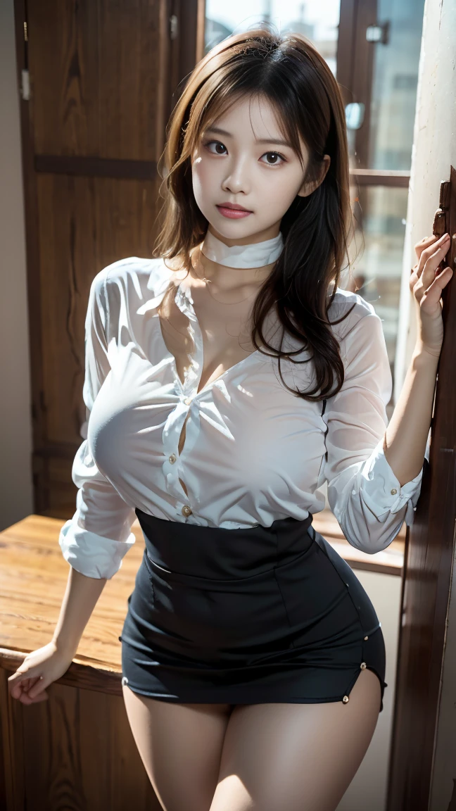 1girl, solo, ultra-realistic, 8k, picture-perfect face, flawless, masterpiece, perfect face, beautiful face, beautiful eyes, ((perfect female body)), (immersive atmosphere, chiaroscuro:1.5,bright light:1.2,luminous lighting), seductive expression, large breasts, cleavage, shirt, pleated skirt, detailed background, indoor, window, standing, cowboy shot, 8k