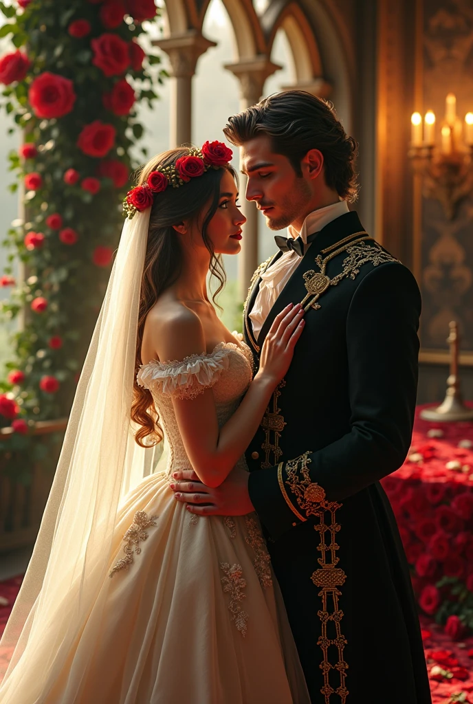 couple, fairytale wedding, fantasy castle, royal suit, black hair, pale skin, gold ornament, white flower bloom, lily of valley, dancing, detailed, masterpiece, best quality