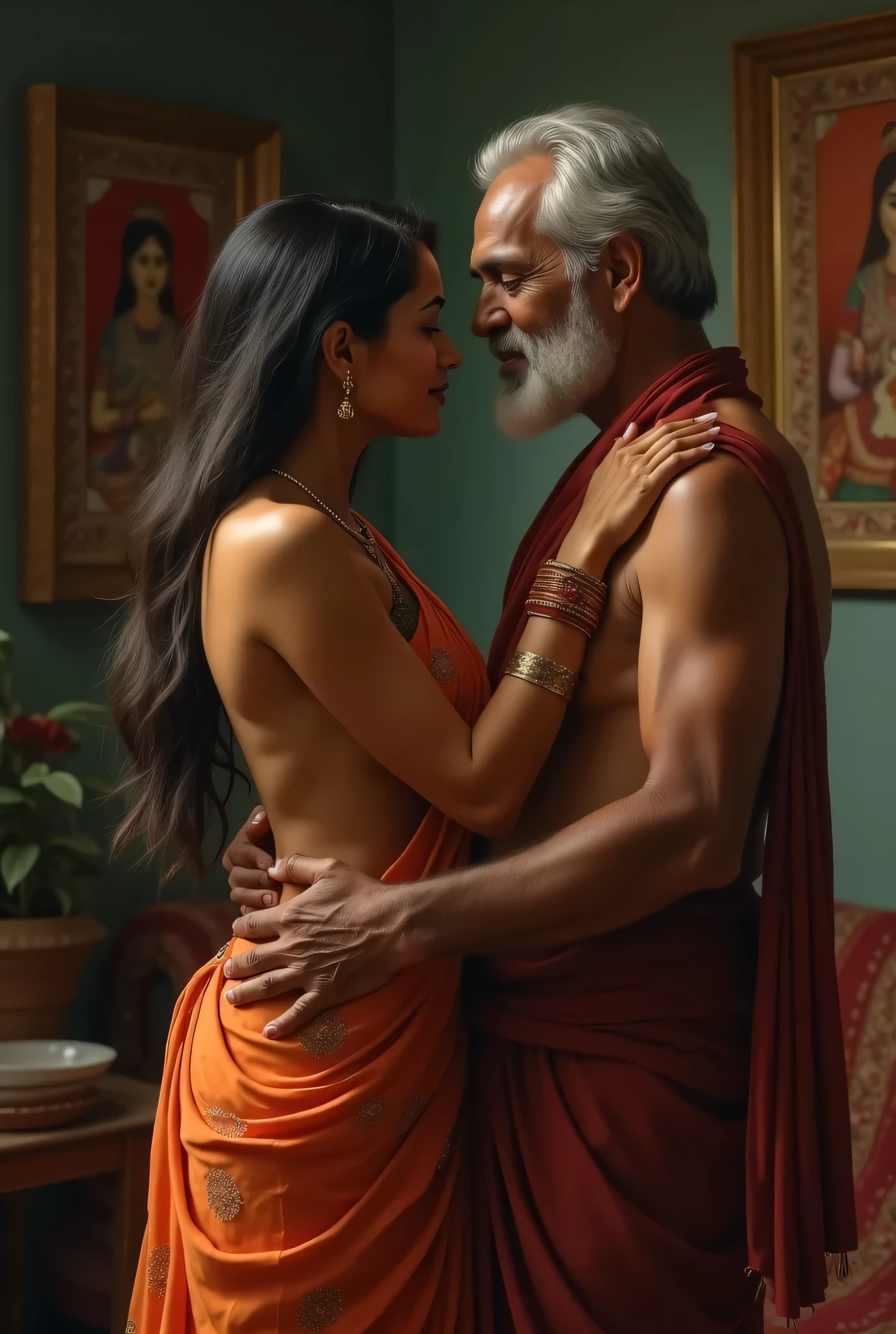 A beautiful hot indian girl, large breast, cleavage perfect body shape,wearing silver silky saree, red lipstick, sitting on knee, in front of 56-year old ugly man wear dhoti