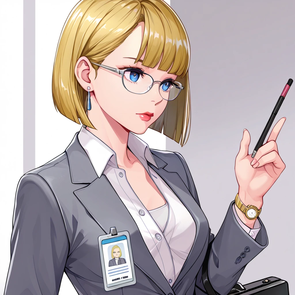 T-XSDXL,solo,1girl,medium sleek straight angled bob cut hairstyle,blue eyes,blonde hair,jewelry,necklace,business,formal,gray blazer,white buttoned office dress shirt,matching gray business pencil skirt,lips,lipstick,id card,nametag,glasses,small watch,large breasts,looking at her palm hand,her right arm turns color into a metallic chrome color liquid metal,
