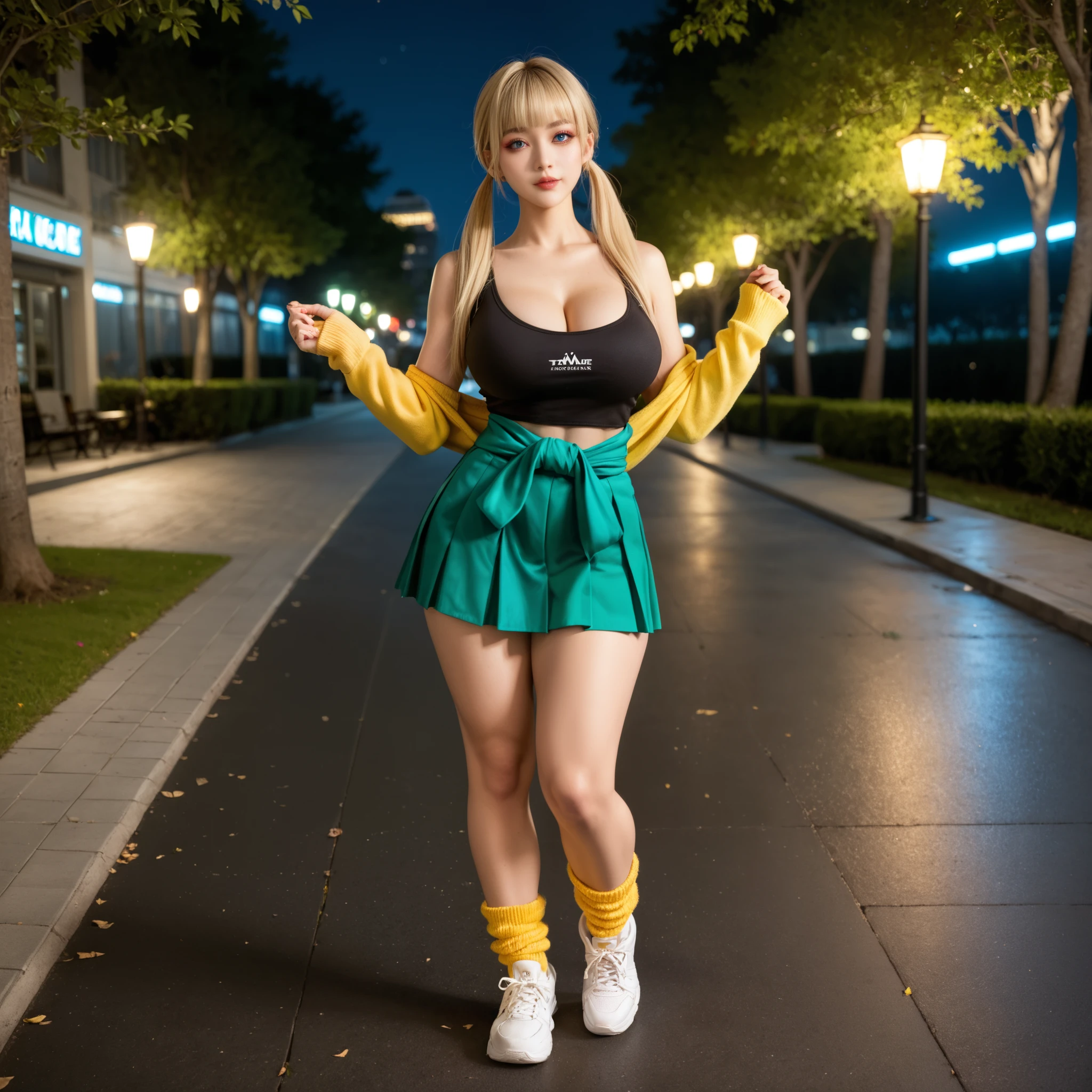 masterpiece, best quality,midriff,short pleated skirt, thighhighs,(blonde hair:1.3),(bianca:1.5),red glasses, short hair,street,city,green eyes,green headwear,heavy blush, happy
