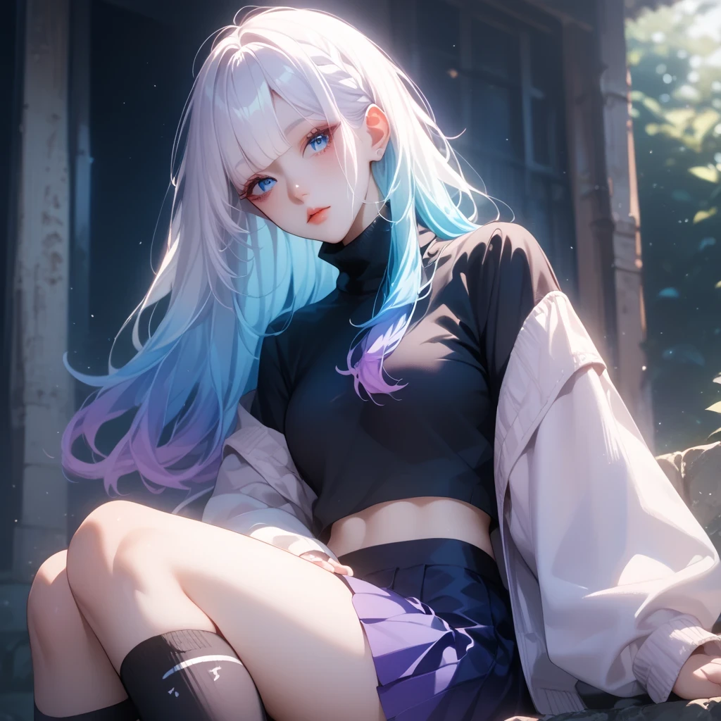 ((pastel purple White hair, gradient hair ), best quality 、 one adult female , (とても大きい胸, midriff peek ), (pale skin ), ( bright , kissed by her beautiful blue eyes , (( casual princess cut without shadows , layered cut )), ( A black mini tight skirt ,(( black tight cropped turtleneck ))) ,knee-high socks,