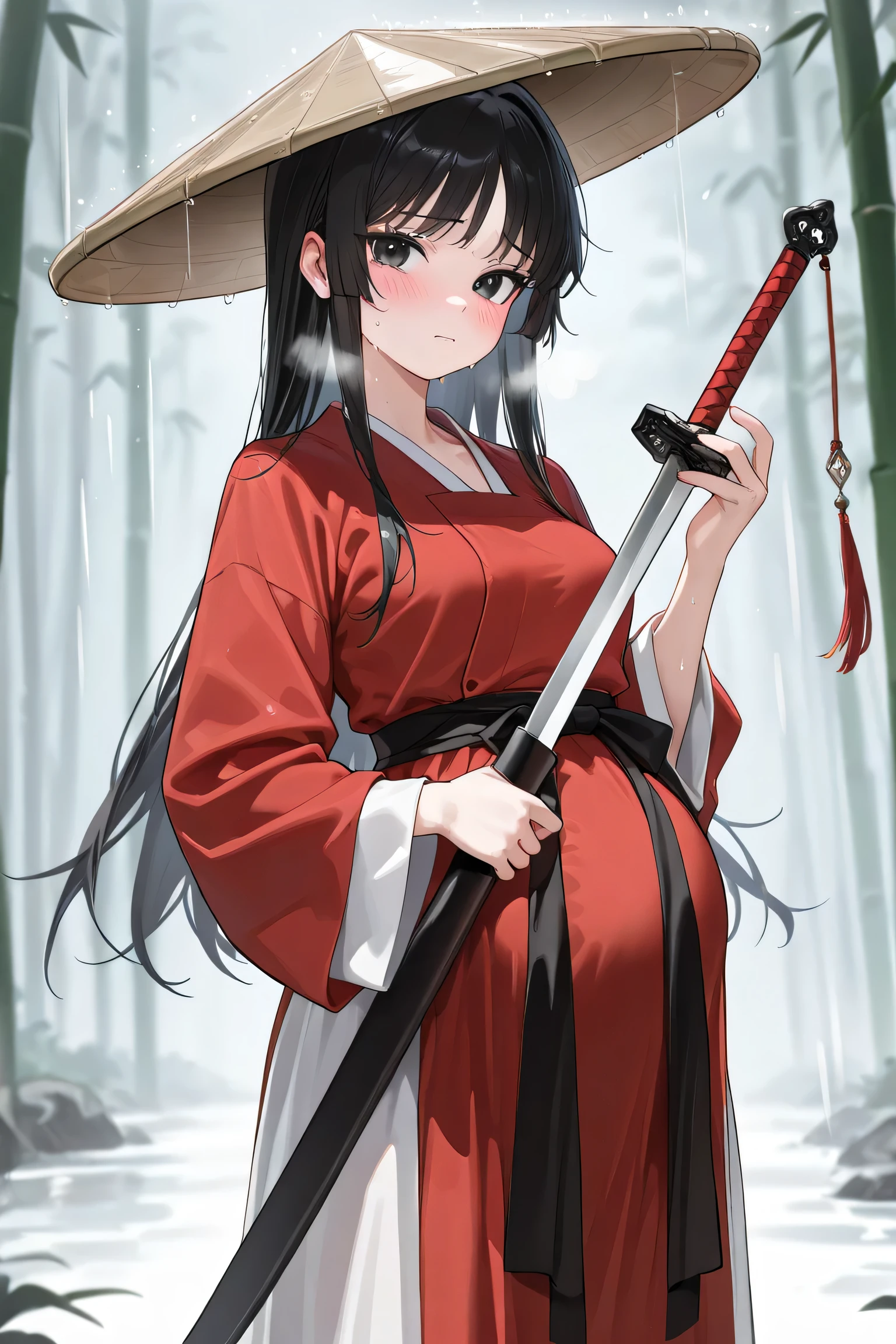 (Best quality, 4k, 8k, high resolution, masterpiece:1.2), ultra detailed, intricate details, beautiful girl, alone, long black hair, bangs, black eyes, small-medium breasts, perfect smooth skin, looking at viewer, head tilted, traditional Asian clothing, red hanfu with black accents, wide sleeves, black sash around waist, slightly nervous expression, (blush:1.1), (Pregnant:1.0), at forest on big stone, standing, sweating, heavy breathing, bamboo hat, (raining:1.0), hat Hover hair, hand holding Chinese sword in sword sheath