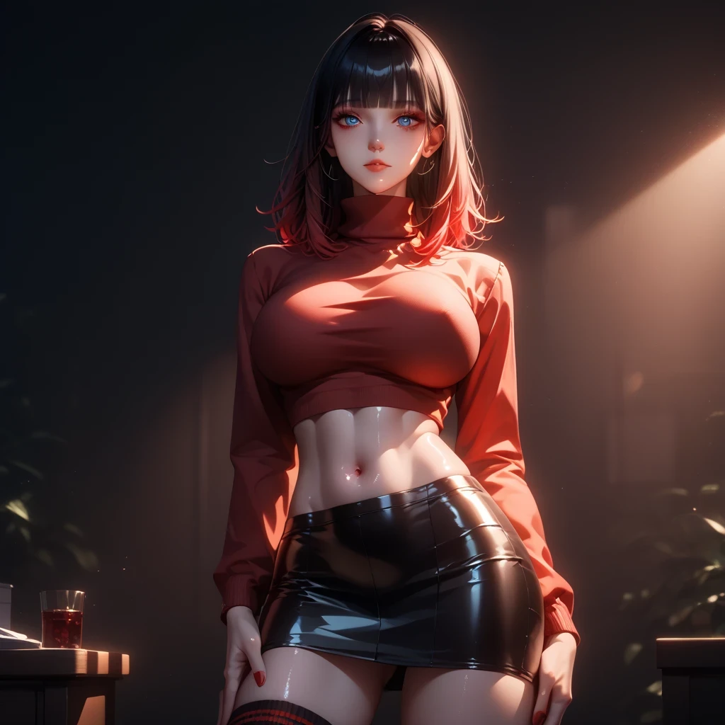 hand on own ass, ((red black, hair, gradient hair ), top quality、 ( professional lighting without shadows )、 surreal, is fascinating、figure like a slender supermodel、 1 girl, ( big breasts, Belly button exposed), ( flat at honny, beautiful skin)), (明るい and beautiful blue eyes , ((hime cut, medium hair )),( A black mini tight skirt ,(( black tight cropped turtleneck ))) ,knee-high socks,