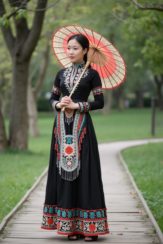 there is a woman in a long black dress and a hat holding a fan, ao dai, wearing black old dress and hat, vietnamese woman, in style of lam manh, traditional tai costume, wearing black dress and hat, traditional dress, traditional clothes, priestess in a conical hat, wearing authentic attire, traditional clothing, dressed with long fluent clothes