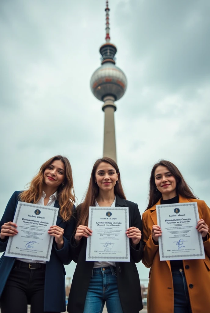 I want a picture of young women behind the Berlin Tower standing behind them. Each one has a certificate with an employment contract and the other a professional training contract