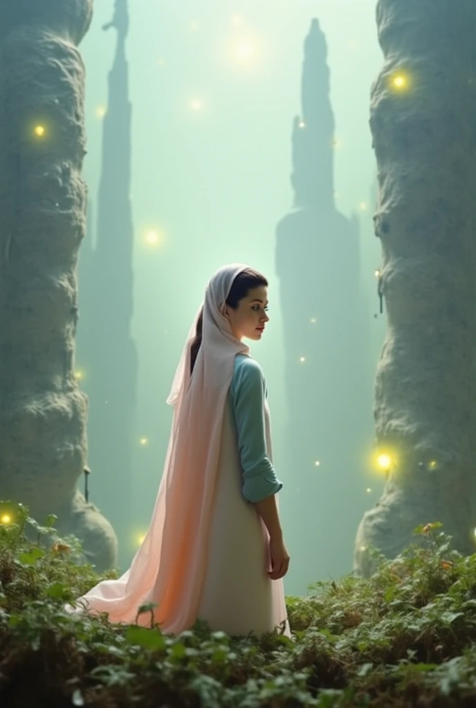 a old beautiful adult girl wearing a shawl hijab with a drawstring chiffon top, wearing a tiered chiffon skirt with floral motifs, wearing a watch and bracelet, wearing beautiful sandals, wearing a small leather backpack on her back while smiling happily, is in a fairy tale house, there is a mushroom house and there are 4 a beautiful fairy in human form and seven dwarfs
