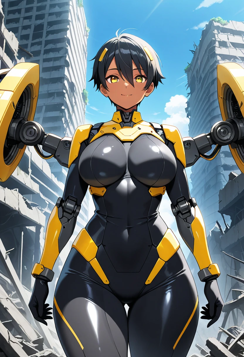 woman in her 30s,
Short, layered bob, copper hair accessories, gear-shaped hairpins, mechanical hairpiece, edgy, industrial, vintage, steampunk, muscular,
Short, mechanical hairpiece, gear accessories, brass goggles, clockwork arm, fitted jumpsuit, leather accents, boots, advanced, industrial, vintage, steampunk,
Retro-futuristic cityscape, brass skyscrapers, airships, clockwork mechanisms, steam-powered vehicles, copper railways, giant gears, ornate bridges, industrial, advanced, vintage, steampunk