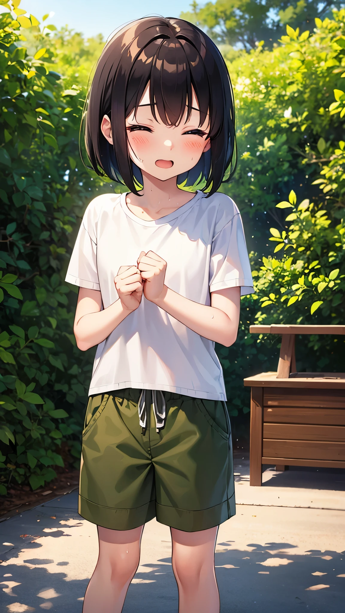 forest,Are standing,close your eyes,1 tiny ,short hair,Black Hair,blush,White T-shirt,Olive green shorts,barefoot,White skin,summer,From below,shy,Sweat,Open your mouth,Wet,Sweatだく,Cowboy Shot